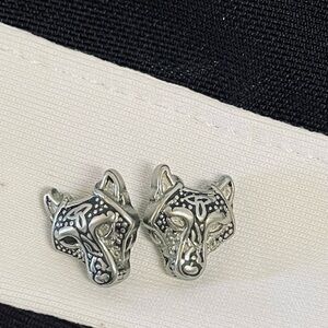 Silver Wolf Head Earrings with Intricate Tribal Design